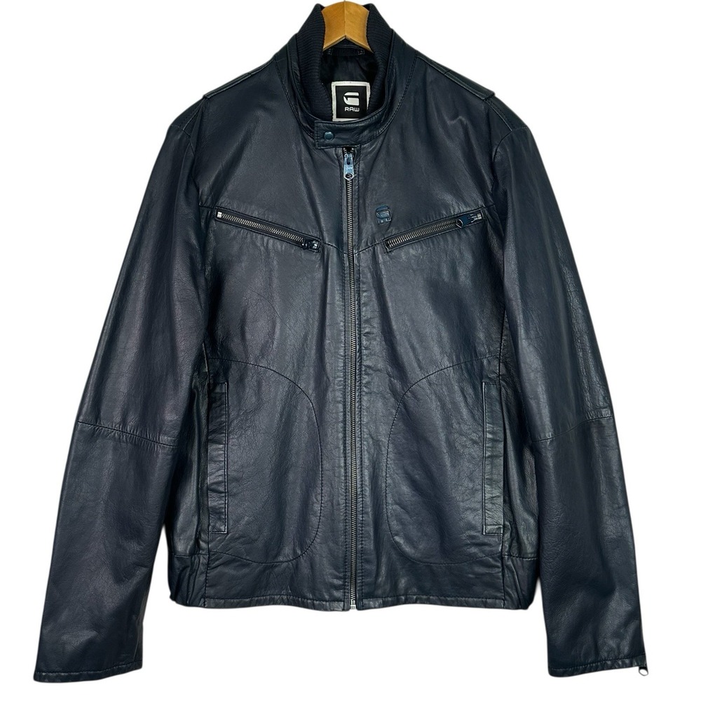 G-Star RAW Leather Moto Jacket Men's Navy Blue Biker Full Zip Size Large NWT